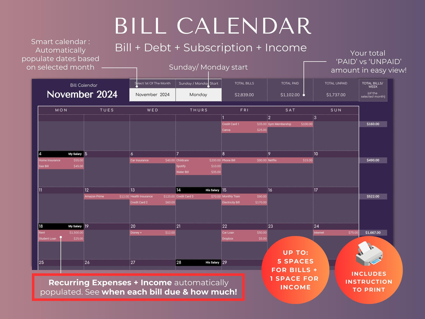 Biweekly/Fortnightly Budget Spreadsheet Planner: Income & Expense Tracker