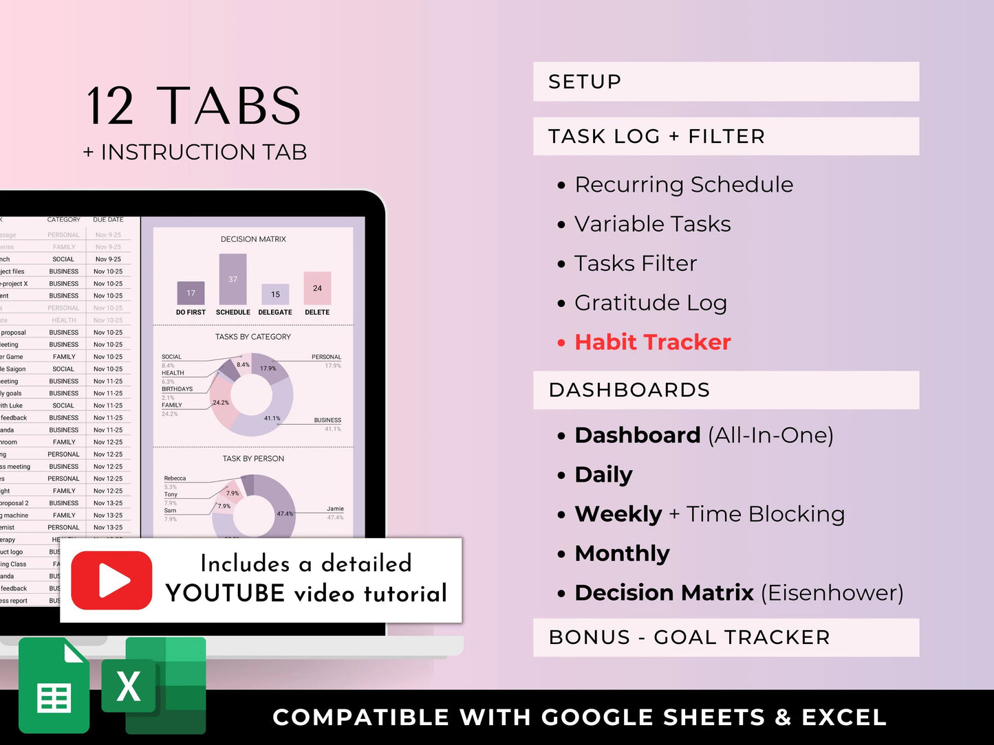 Habit & Task Tracker Goal Tracker To-Do Daily Weekly Hourly Schedule Spreadsheet Time Block