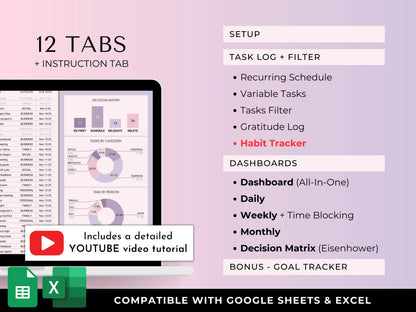 Habit & Task Tracker Goal Tracker To-Do Daily Weekly Hourly Schedule Spreadsheet Time Block