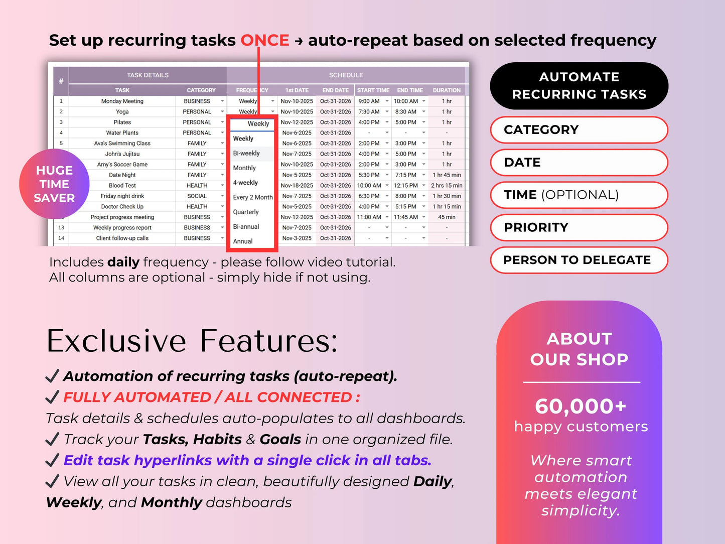 Habit & Task Tracker Goal Tracker To-Do Daily Weekly Hourly Schedule Spreadsheet Time Block