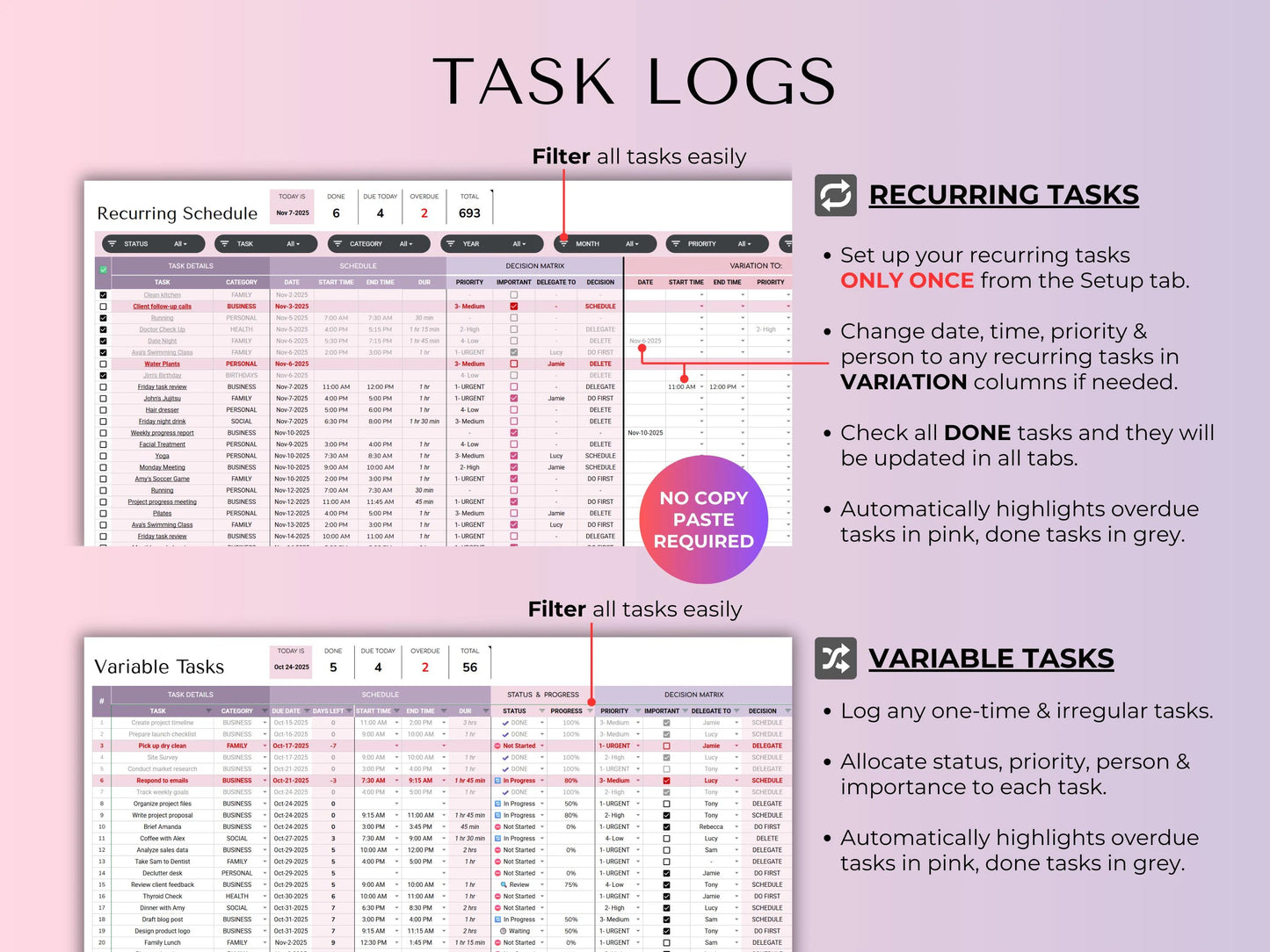 Habit & Task Tracker Goal Tracker To-Do Daily Weekly Hourly Schedule Spreadsheet Time Block