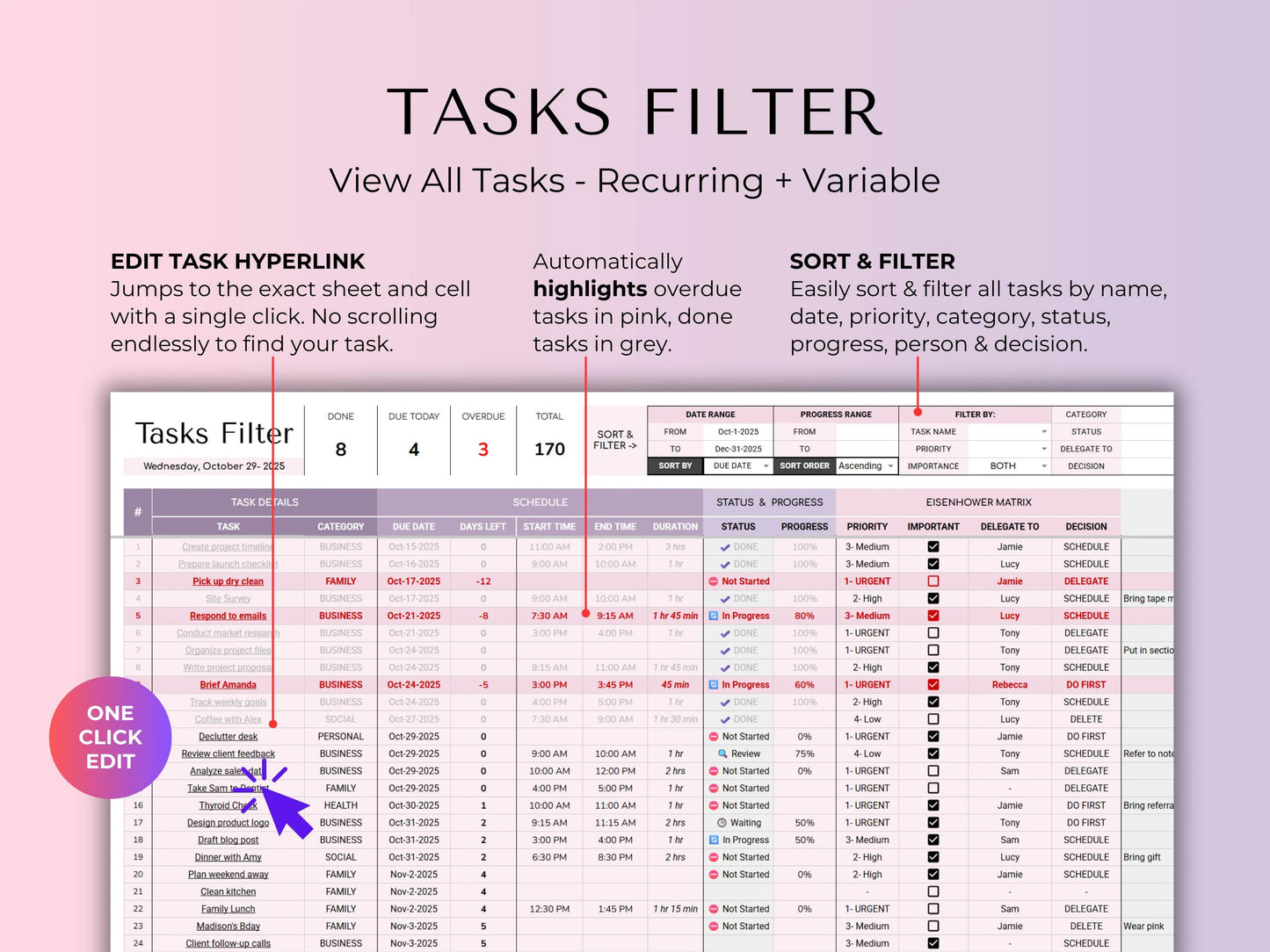 Habit & Task Tracker Goal Tracker To-Do Daily Weekly Hourly Schedule Spreadsheet Time Block
