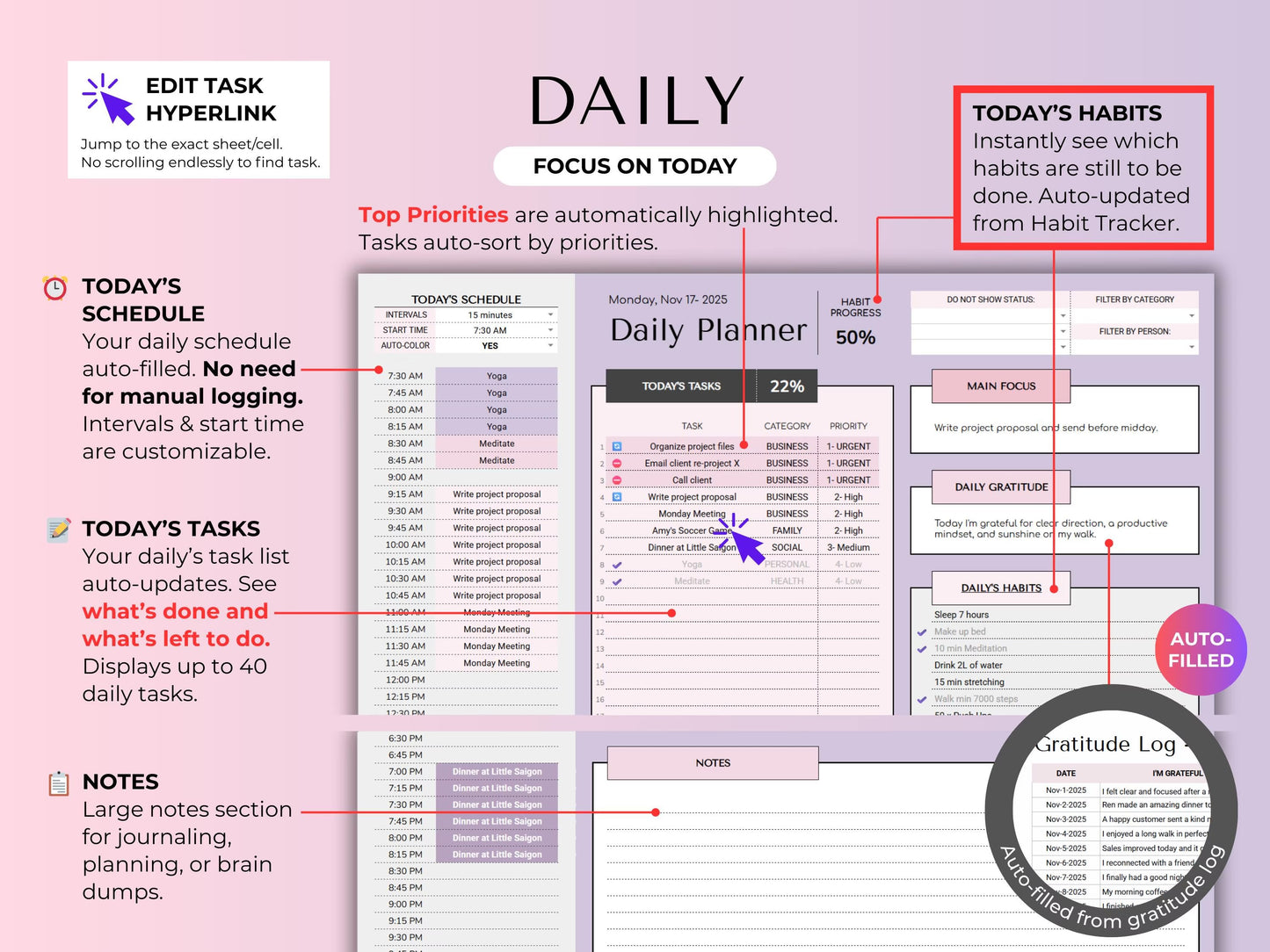 Habit & Task Tracker Goal Tracker To-Do Daily Weekly Hourly Schedule Spreadsheet Time Block