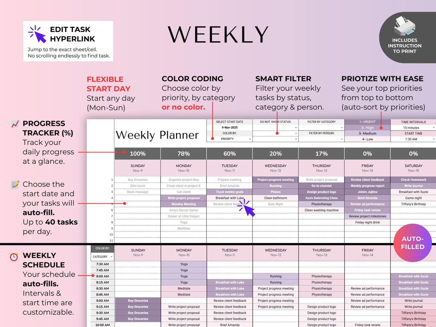 Habit & Task Tracker Goal Tracker To-Do Daily Weekly Hourly Schedule Spreadsheet Time Block