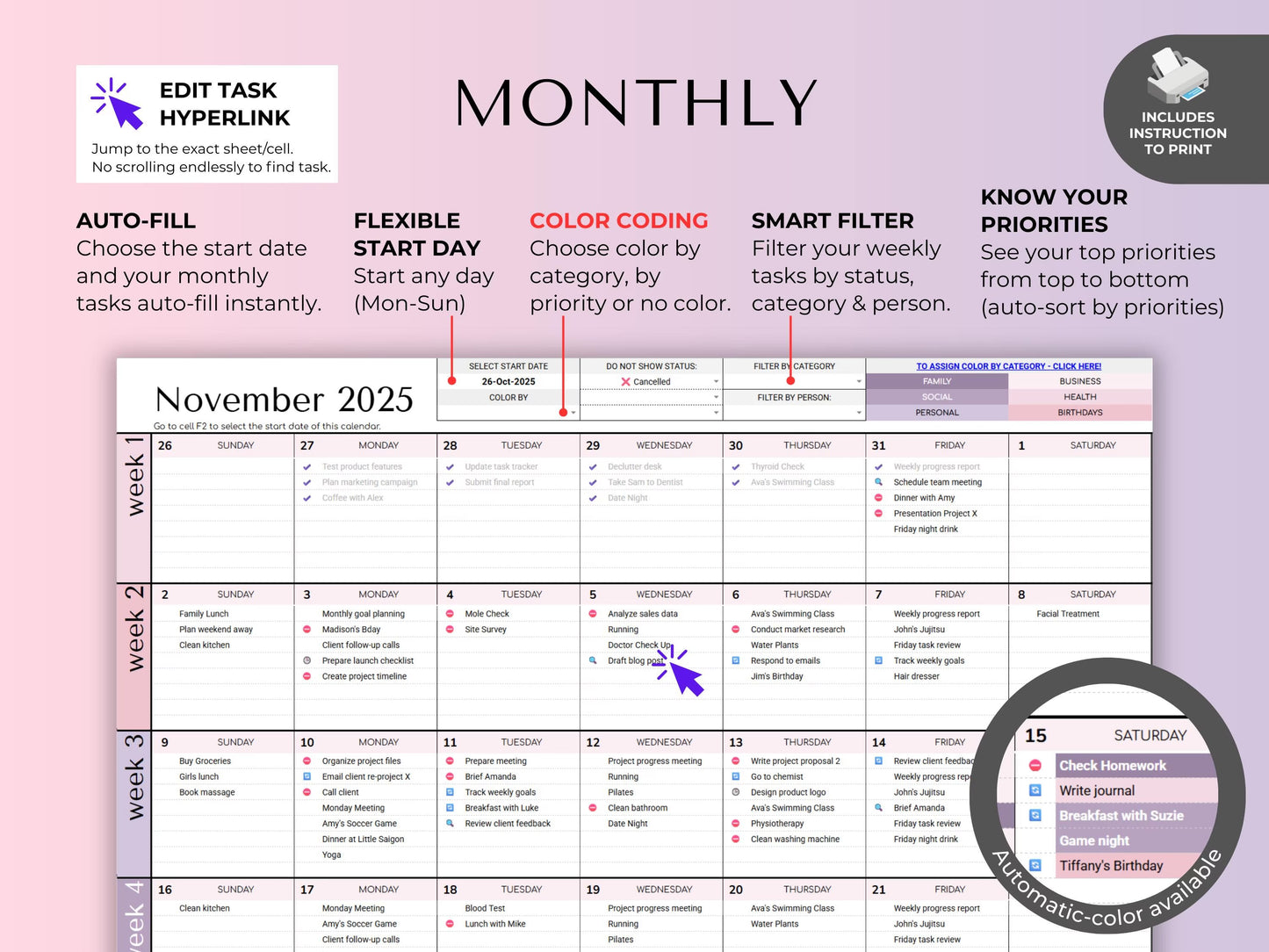Habit & Task Tracker Goal Tracker To-Do Daily Weekly Hourly Schedule Spreadsheet Time Block