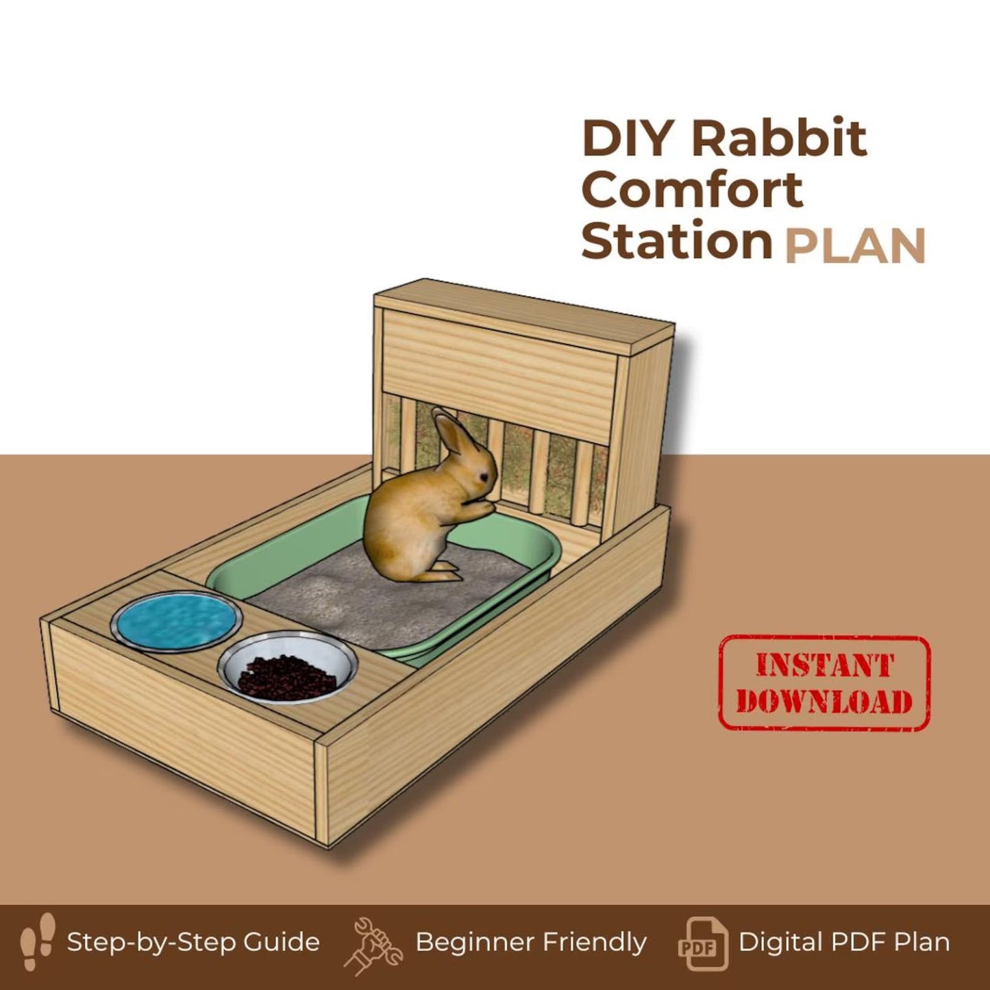 Rabbit Hutch Woodworking Plan: Litter Box, Hay Feeder & Bowls (Digital Download)